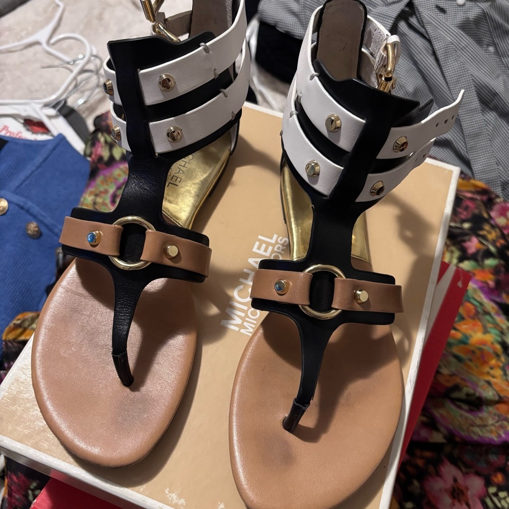 Michael Kors Black, White, and Tan Sandals